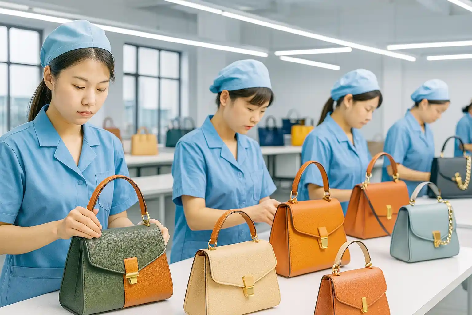 Quality control inspection of handbag stitching and hardware details before shipping