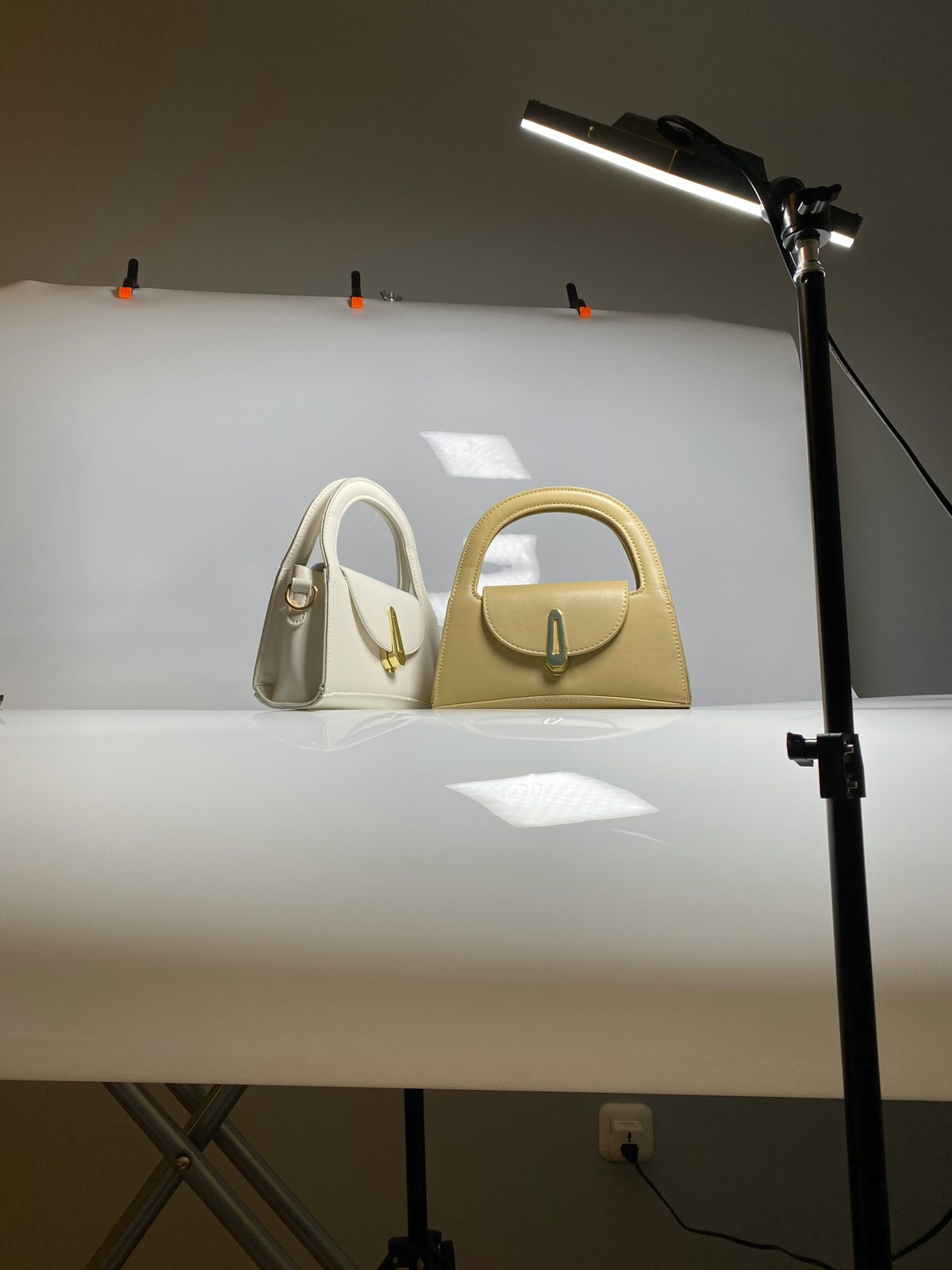 Two trending handbags on a photography studio setup — the kind of bags a TikTok creator can source and resell to her audience