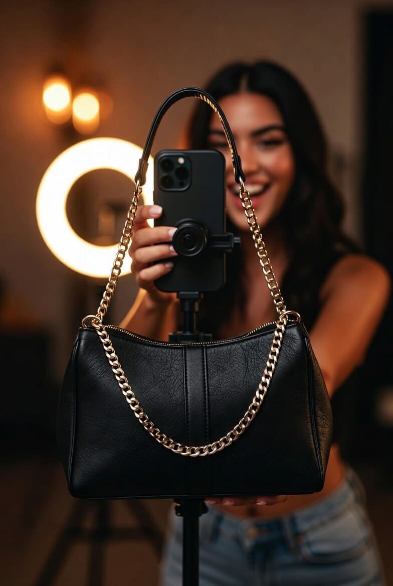 TikTok creator filming a trending black handbag with gold chain to resell to her followers