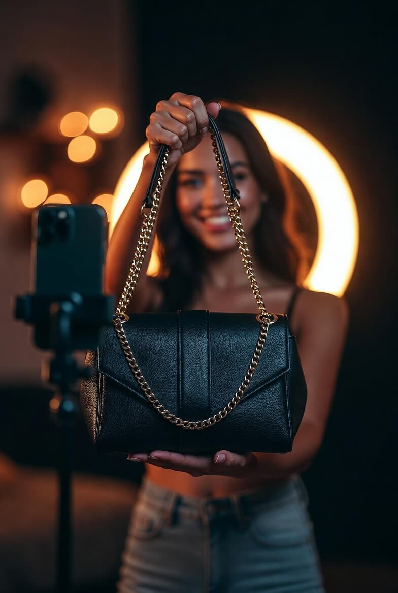Instagram creator filming a trending handbag drop with ring light to resell to her TikTok followers