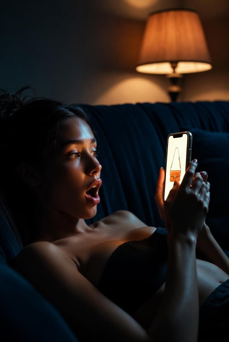 TikTok creator spotting a trending viral handbag on her phone while scrolling at home at night