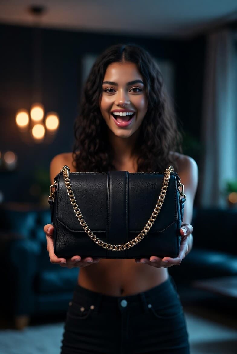 Instagram creator showing a trending black crossbody handbag with gold chain to resell to her followers