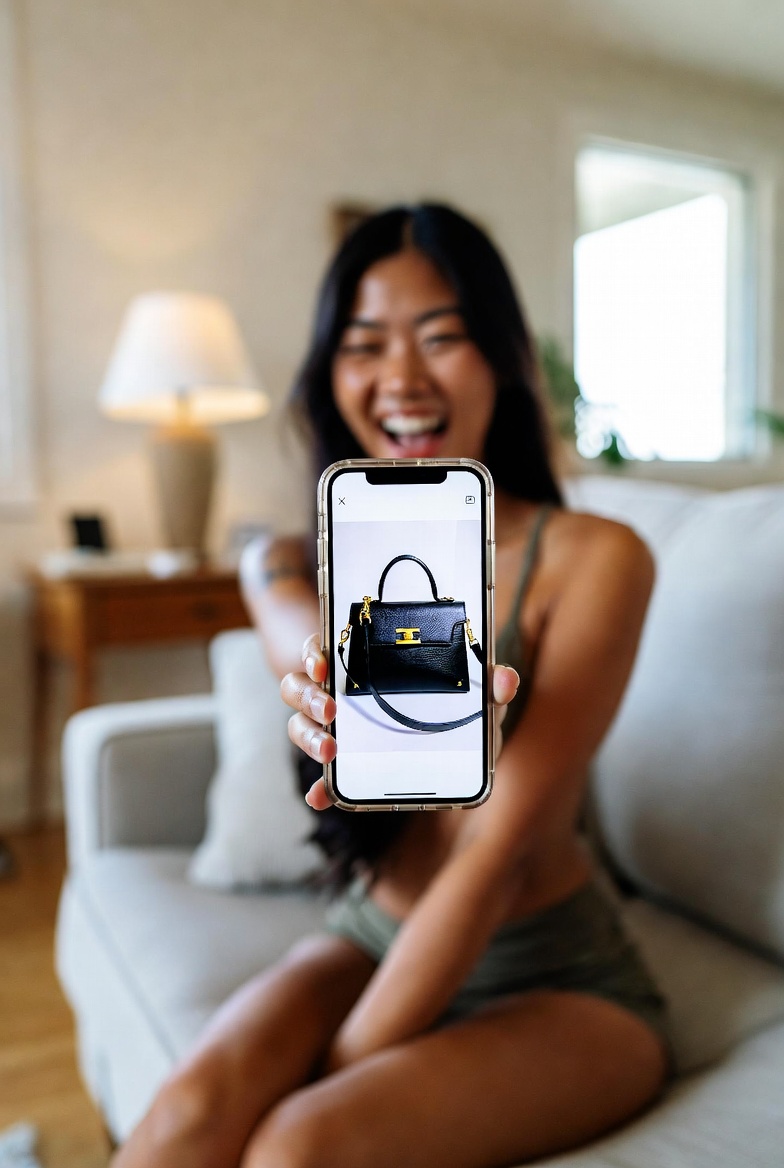 TikTok creator spotting a trending viral handbag on her phone to resell to her followers
